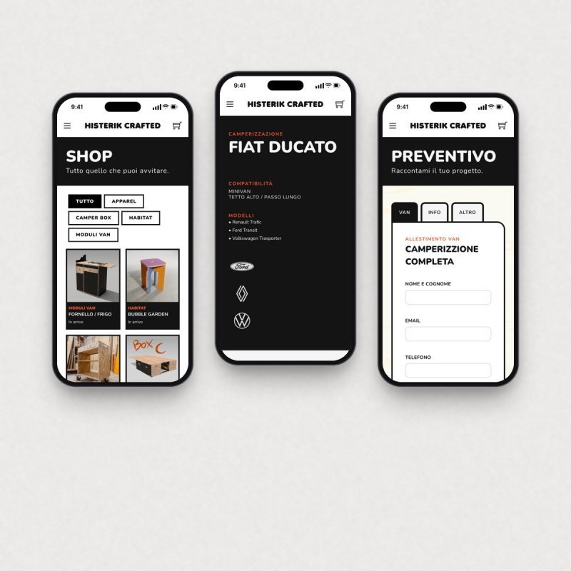 Shop, scheda di un allestimento e modulo di preventivo su smartphone